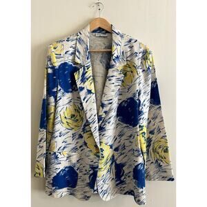 Vintage 80s Blue Yellow Flower Floral Pop Art Union ILGWU-Made Blazer Women's XL